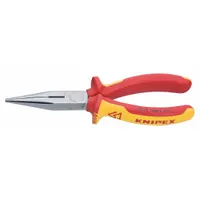 Serrated jaw chain-nose pliers with 2 in jaw length, 1 1/4 in max jaw opening, and 6 1/4 in overall length. Insulated for electrical work. Integrated cutter for wire cutting. Suitable for gripping, bending, and cutting in confined spaces during industrial maintenance and panel building