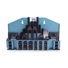 This 52-piece wall-mount clamping kit is designed for use with 14 mm T-slots and M10x1.5 studs. It includes four 150 mm studs and features a 22 mm step block width. Suitable for securing workpieces on milling machines, drill presses, and other industrial equipment.