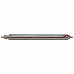 This KEO plain-tip center drill is a double-end tool with a 60° angle and 4-inch overall length. Constructed from cobalt with an AlTiN coating, it is used to create precise conical starting holes in workpieces for lathe turning or grinding operations.