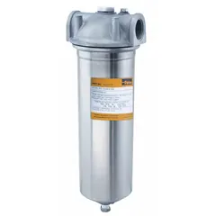This Parker water filter cartridge housing is constructed from 316 stainless steel with a silver finish, offering corrosion resistance in demanding environments. It features a 1-inch NPT female connection, 33-1/4-inch overall height, and 3-5/8-inch overall diameter. Suitable for industrial water filtration systems to remove particulates and sediment in manufacturing, process water, and HVAC applications.