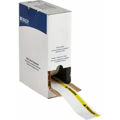 Vinyl precut label roll in black/white/yellow, available in 2 in x 4 1/8 in and 4 1/8 in x 2 in sizes. Features acrylic adhesive for secure bonding. Compatible with Brady M710 printer series. Used for safety warnings and hazard identification in industrial environments.