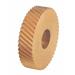 High-speed steel knurling wheel with titanium nitride (TiN) coating, featuring a right-hand diagonal tooth pattern. Outside diameter 1/2 in, hole diameter 3/16 in. Used in lathe knurling tools to create cross-hatch textures on cylindrical workpieces for improved grip or appearance.