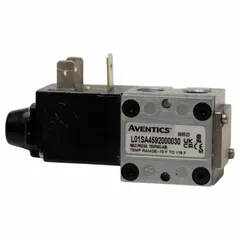 Single solenoid, four-way, two-position directional control valve with spring return. Operates on 110/120V AC with plug-in electrical connection. Non-locking design for switching airflow in pneumatic actuators and cylinders. Suitable for industrial automation, packaging, and material handling systems.