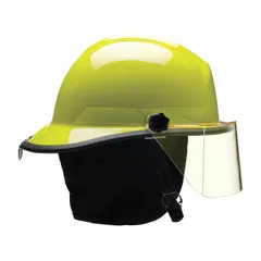 This BULLARD fire helmet features a lime-colored shell with a modern rear brim design. It includes a chin strap and a 6-Point Sure-Lock(R) Ratchet suspension system for secure fit. Suitable for structural firefighting, rescue, and emergency response operations.