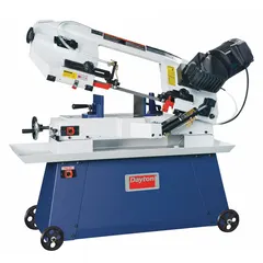 This mitering manual horizontal band saw cuts metal stock up to 8 in x 12 in. It features blade speeds from 150 to 255 SFPM and a mitering range of 0° to 45°. Powered by a 1-phase motor rated at 14.0/7.0 A at 120/240V AC, it is suited for fabrication, maintenance, and machine shop applications requiring precise angle cuts.