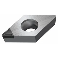 Diamond indexable turning insert for precision machining of non-ferrous materials, composites, and abrasive alloys. Available in two geometries: DCGT3(2.5)2FS-1 and DCGT11T308FS-1. Used in turning, facing, and profiling operations requiring fine surface finish.