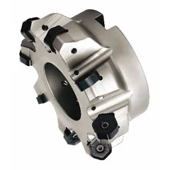 This 250 mm diameter indexable face mill features 6 insert stations and a 75 mm arbor bore, accepting HN09-style inserts. It is used for high-feed face milling in industrial machining, suitable for roughing and semi-finishing operations on steel, stainless steel, and cast iron.