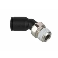 This elbow fitting connects 8 mm OD tubing to a 3/8 in BSPT female port. Constructed with a nylon body and nickel-plated brass components, it is suited for pneumatic and low-pressure fluid systems. The push-to-connect design enables tool-free installation