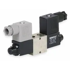 Four-way, two-position directional control valve with double solenoid and solenoid return. Operates on 110 to 120V AC with a Plug-In, Non-Locking connector. Used in industrial pneumatic systems to direct compressed air to actuators or cylinders.