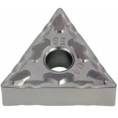 Triangle (T) indexable turning insert for general turning, facing, and profiling operations on metal workpieces. Commonly used in CNC lathes for medium machining of steel, stainless steel, and cast iron. Designations: TNMG332ESE and TNMG160408N-SE.