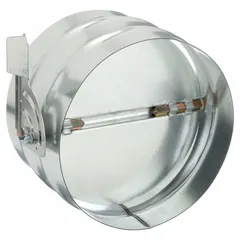 This round manual balancing damper is designed for 10-inch round ducts in HVAC systems. It features a steel construction with a 6 3/8-inch length and includes a locking manual quadrant for secure position holding. Suitable for horizontal mounting, it handles a maximum air velocity of 2000 fpm.