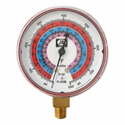 JB INDUSTRIES High Side Gauge: High Side Gauge, 0 psi to 800 psi, Non-Liquid Filled - Analog Low Side Compound Pressure Gauges