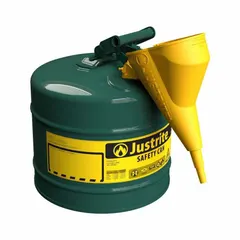 This Type I safety can is designed for handling and dispensing flammable liquids such as oil. Constructed from powder-coated steel, it offers a 5-gallon capacity and includes a funnel for controlled pouring. Suitable for use in industrial environments where safe storage and transfer of flammable liquids is required.