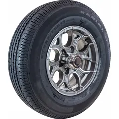 Street tire and wheel assembly for trailers. Tire size ST225/75R15, type trailer tire. Suitable for use on boat, utility, or recreational trailers requiring a 15-inch wheel and tire combination.