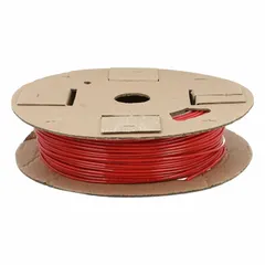 Polyurethane tubing with 1/8 in inner diameter and 1/4 in outer diameter, supplied in a 500 ft length. Red in color with a hardness of Shore A 90 to 95. Rated for maximum operating pressure of 250 psi at 180°F. Suitable for pneumatic and fluid transfer applications in industrial automation, robotics, and instrumentation.