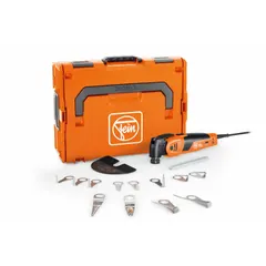 Corded oscillating tool with 12 A current, 1.7° oscillation angle, and 13 5/16 in length. Variable speed from 10,000 to 19,500 OPM. Suitable for cutting, sanding, and scraping in automotive glass repair and general construction.