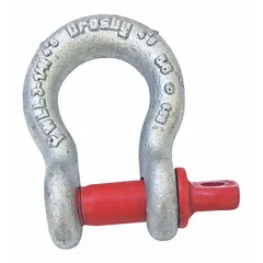 Silver-colored anchor shackle for lifting applications. Working load limit of 27,000 lb. Compatible sling width of 3 5/8 in. Used to connect slings, chains, or rigging hardware in overhead lifting tasks.