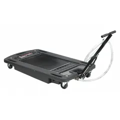 This low-profile truck drain has a 15-gallon capacity and a 6-inch overall height, allowing access under vehicles with limited clearance. Constructed of black polypropylene, it is used for collecting engine oil, transmission fluid, and other lubricants during routine maintenance.