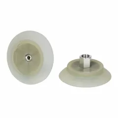 This flat-type vacuum pad assembly is designed for fast handling in food-safe applications. It features a G1/4 vacuum port and an 87.1 mm pad diameter, constructed from food-grade silicone rubber. Suitable for picking and placing packaged foods or bakery goods where hygiene and gentle grip are required.