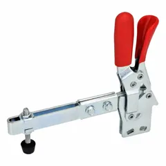 Flange base mounted toggle clamp with locking vertical handle. Provides secure clamping for workholding fixtures in machining, assembly, and welding applications.