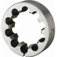 This solid round threading die is designed for cutting left-hand external threads on bolts, studs, or rods. It has a 5/16"-24 UNF thread size, 1 in outer diameter, and is made of high-speed steel. Suitable for use on ferrous and non-ferrous materials in applications requiring reverse rotation.