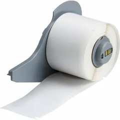 White matte vinyl wraparound label measuring 4 in x 1 1/2 in, designed for wire gauges from 0 AWG to 350 kcmil. Compatible with BMP71 printer series and requires M7-R4300 ribbon. Used for industrial cable marking, panel labeling, and compliance tagging.