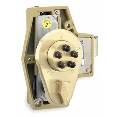 Brass deadlocking spring latch for mechanical keyless access deadbolt applications. Fits doors up to 2-1/8 inches thick. Suitable for commercial or industrial facilities requiring secure entry control without keys.