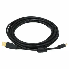 This 10-foot USB cable features a Type A connector on one end and a Mini B connector on the other, compliant with USB 2.0. It is suitable for connecting devices such as older digital cameras, external hard drives, or GPS units to a computer or charger for data transfer and power.