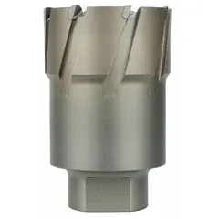 Carbide-tipped annular cutter with two-piece alternate-tooth design for efficient hole cutting in metal. Features a 2 7/8 in diameter, 2 in maximum cutting depth, bright finish, and includes a pilot pin. Suitable for use with magnetic drill presses on structural steel, plate, and pipe.