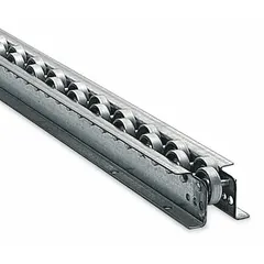 Steel skate wheel flow rail for gravity-fed material handling. Staggered wheel alignment. 10 ft overall length, 3 5/8 in overall width. Capacity 260 lb/ft with 5 ft supports. Used in conveyor lines for moving cartons, totes, or light packages.