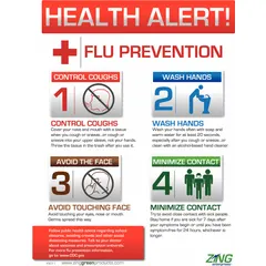 This health-alert poster promotes flu prevention in workplaces, clinics, and public facilities. It measures 22 in x 16 in, is printed in English, and has no protective coating. The poster does not include a frame and does not support writing on its surface.