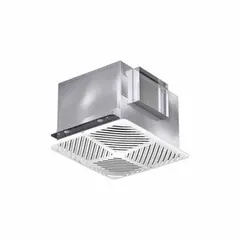 This ceiling-mount bathroom exhaust fan operates on 115V AC with a single speed, delivering up to 130 cfm at 0.4 sones for quiet ventilation. It includes an aluminum backdraft damper and uses a rectangular duct. Adjustable brackets facilitate installation. Suitable for removing moisture, odors, and airborne particles in residential or light-commercial bathrooms.