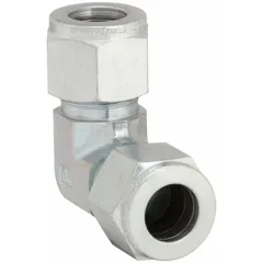 This double-ferrule steel compression fitting elbow provides a 90-degree tube connection for industrial fluid and gas systems. It accommodates 3/8 in OD tubing on both ends with 9/16-20 threads. Compatible with Parker A-LOK brand fittings, it is suited for hydraulic, pneumatic, and instrumentation applications requiring a compact, leak-tight joint.