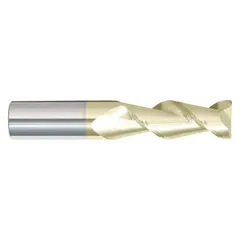 Carbide corner-radius end mill with ZrN coating for aluminum machining. Two-flute geometry and 1/8" mill diameter enable efficient slotting and profiling in non-ferrous materials. 1/4" length of cut.