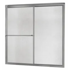 This double sliding bathtub door features a silver-framed design with rain tempered glass panels. The door has an overall height of 58 inches and a glass thickness of 3/16 inch. It is intended for use as a shower enclosure in residential bathrooms, replacing traditional shower curtains.