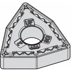 Trigon (W) indexable turning insert for general turning, facing, and profiling operations. Suitable for machining steel, stainless steel, and cast iron workpieces. Identified by specifications WNMG433UF and WNMG080412UF.