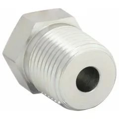 This rigid straight steel hydraulic hose adapter connects NPTF male and female threaded components. With a 1/2 in x 1/8 in fitting size, it is used in hydraulic systems to join pipes, hoses, or fittings with NPTF threads, providing a leak-resistant connection in fluid power applications.