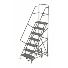 This steel manual-lock all-direction ladder provides stable mobile access to elevated areas. It features a foot-activated step lock and serrated steps for secure footing. The unassembled unit includes double handrails and a gray finish. Suitable for warehouses, maintenance shops, and assembly lines where temporary elevated positioning is required.
