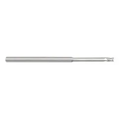 This carbide corner-chamfer end mill features a reduced neck design for deep reach with minimal deflection. With a 1/16" mill diameter, 0.003" chamfer, 4 flutes, and 3/32" length of cut, it is used in CNC milling for deburring, beveling, and edge preparation on workpieces.