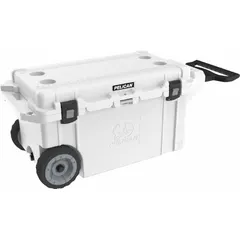 This heavy-duty chest cooler holds 72 cans with an 80 qt capacity and provides 10 day ice retention. It includes a drain plug and wheels for mobility. Suitable for marine, outdoor, and industrial applications requiring extended cold storage.