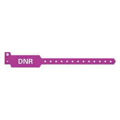 Plastic security wristband in purple, measuring 10 1/4 inches in length and 1 3/8 inches in width. Pack of 500. Commonly used for patient identification and status indication in healthcare settings, as well as access control at events.