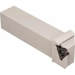 Indexable toolholder for external parting and grooving operations on lathes and turning centers. Features a 25 mm shank width and height, designed to accept KC-style inserts. Used in metalworking to create grooves, cut-offs, and profiles.