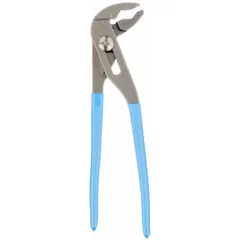 V-jaw tongue and groove pliers with serrated groove-joint design. Overall length 9 1/2 in, maximum jaw opening 1 1/4 in. Used for gripping, turning, and clamping nuts, pipes, and fittings in plumbing, HVAC, and general maintenance.