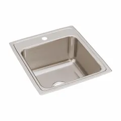 This one-bowl counter-mounted sink is designed for installation into a countertop cutout, suitable for kitchen and bar applications. It features a 19 1/2-inch overall width and a 10 1/8-inch bowl depth, providing a basin for washing dishes, food preparation, or bar service. The sink is finished in a Silver/Gray color family and is supplied without a faucet.