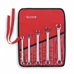 This 5-piece set of metric double-end flare nut wrenches features 6-point heads with a satin finish. The wrenches cover a head size range of 7mm to 17mm, designed for use on flare nuts in brake, fuel, and hydraulic systems.