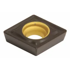 Diamond indexable turning insert for precision machining of non-ferrous materials, composites, and plastics. Provides hardness and wear resistance for tight tolerances and fine surface finishes in turning operations.