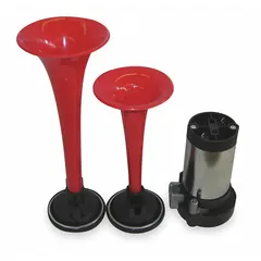 Electric-powered high-tone horn system for passenger vehicles. Includes two unfinished red horns and a hose. Operates on 12V DC with a maximum sound level of 120 dB.