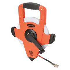 The KESON OTRS18200 is a 200 ft open-reel tape measure with a fiberglass blade graduated in 1/8 in SAE increments. It features a nonmagnetic single hook at the end and a plastic case. This tool is used for measuring long distances in construction, surveying, and industrial layout work.