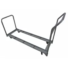 This cart transports and stores up to 32 folding or stacking chairs with a minimum width of 15 inches. It features a gray frame and two swivel casters for maneuverability. Dimensions: 67 in L x 22 in W x 41 1/2 in H. Capacity: 300 lb.