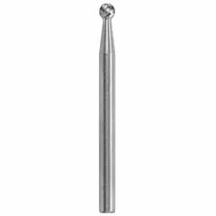 Tungsten carbide ball-shaped carving and engraving bit for rotary tools. Head width and length are 1/8 in, shank diameter is 1/8 in. Suitable for freehand routing, inlay work, and decorative detailing in wood, plastic, and soft metals.